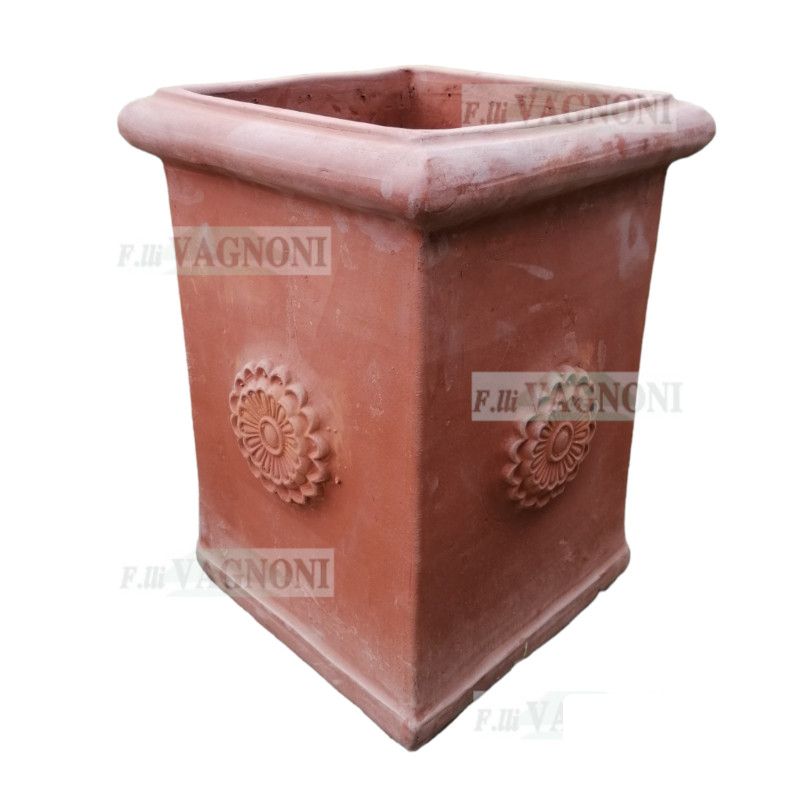 VASO QUADRATO ALTO PILONE ROSONE IN TERRACOTTA CM. 45x45x60